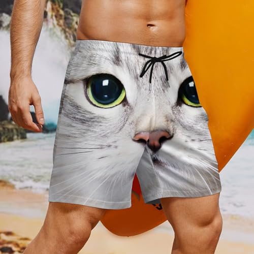 Mens Swim Trunks with Compression Liner, Cute Cat Kitten Face Printed Board Shorts4