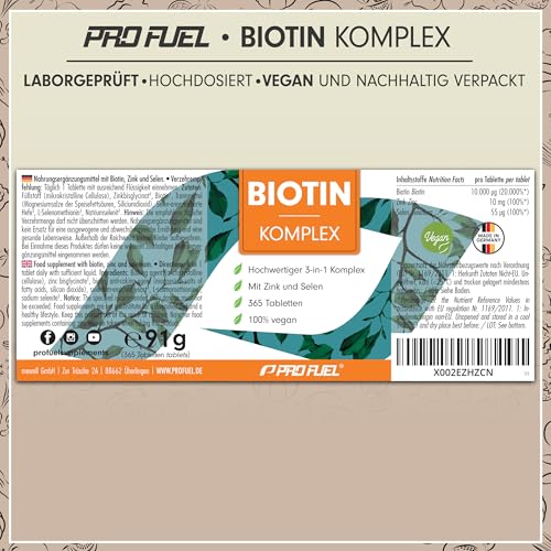Biotin hochdosiert 10.000 mcg - 365 Biotin Tabletten mit Zink & Selen - Hochwertiger Komplex für Haarwuchs, Haut & Nägel - laborgeprüft mit Zertifikat - 100% vegan - Vorratspack für 1 Jahr