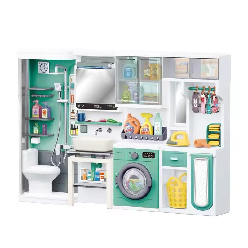 FROWWY Baby Doll Bathroom Playset with Working Shower, LED Mirror & Washer – Pretend Play Dollhouse Furniture Set with Wardrobe, Water Spray, Sound Effects – Miniature Bathroom Set for Kids-image-5