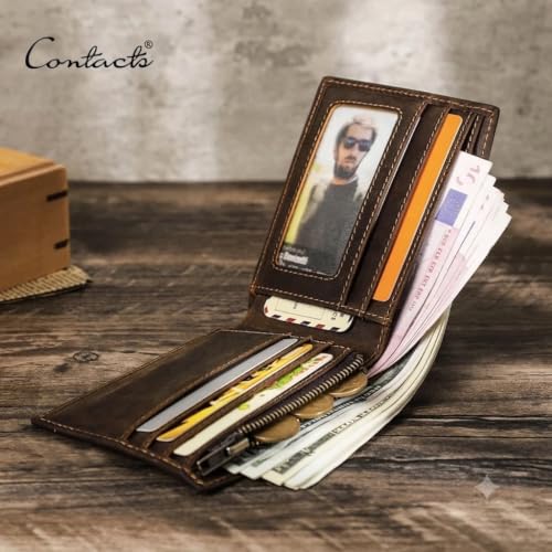 Image of Contacts Genuine Leather Wallet for Men | RFID Blocking Bifold Wallet | Coin Pocket, ID Window & Multiple Card Slots | Slim Everyday Wallet | Hunter Brown