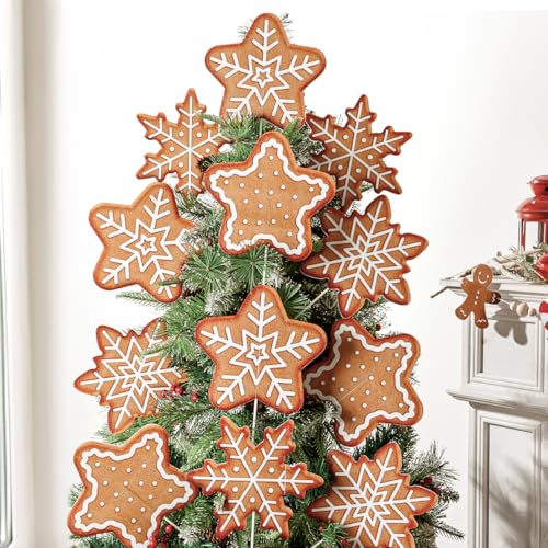 Christmas Decorations Indoor Tree Picks: 12 pcs Large Gingerbread Cookie Snowflake Christmas Ornaments, Cute Brown Gingerbread Picks Ornaments for Xmas Tree Topper, Home Office Holiday Party Decor