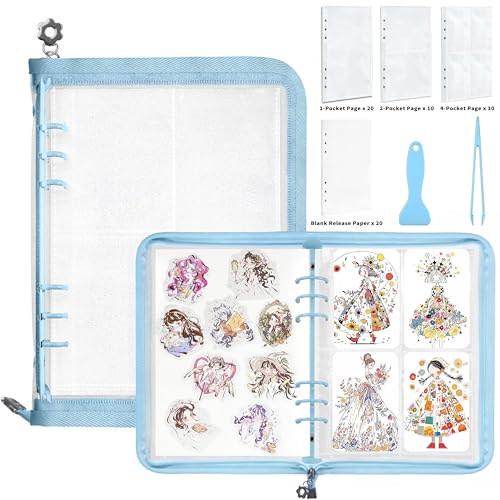 Mlife Sticker Organizer Binder Sticker Storage Organizer Reusable Sticker Book Collecting Album A5 Sticker Collecting Book Clear Sticker Binder Album with Blank Release Paper Tweezer & Spatula(Blue)