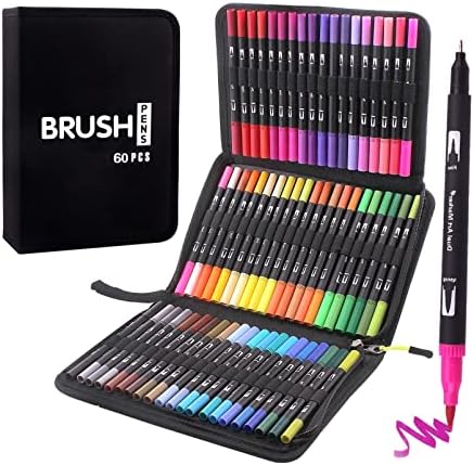 Bajotien Brush Tip Markers Art markers for Artists, 60 Dual Tip Brush Pens Coloring Markers for Adult Coloring Book, Brush Pens for lettering, Sketching, Scrapbooking