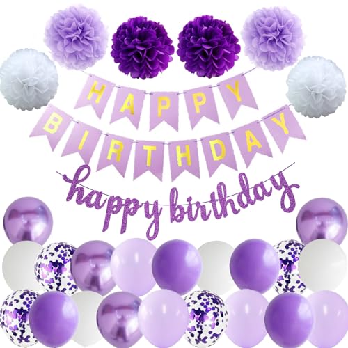 Ohighing Happy Birthday-verjaardagslinger, paars, decoratie voor verjaardagsfeestje, slinger, ballonnen, 6 pompons, verjaardagsdecoratie, meisjes