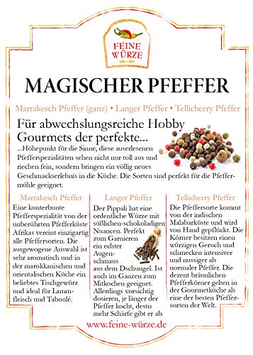 Magischer Pfeffer Set | 3-mal Gorumet-Pfefferkörner | exotische Pfeffersorten | Premium-Qualität für Pfeffermühle mit Rezept | glutenfrei | 60g