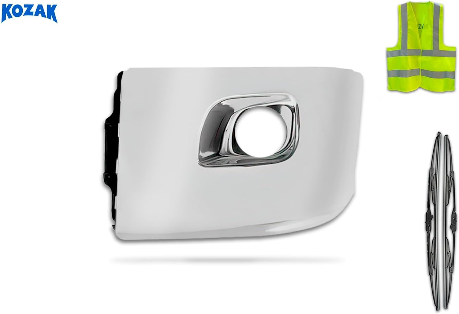 KOZAK Chrome PLASTIC Bumper Corner with Fog Light Hole Left Driver Side Compatible with Peterbilt 579 2013-2021 PLUS Logo Emblem, Wipers and KOZAK Reflective Vest