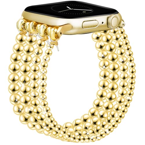 JR.DM Gold Beaded Bracelet Bands Women Compatible with Apple Watch 40mm 42mm(S10/11) 41mm 38mm Dressy Fancy Stretchy Elastic Jewelry Strap Replacement for iWatch Series 11/10/9/8/7/6/5/4/3/2/1/SE