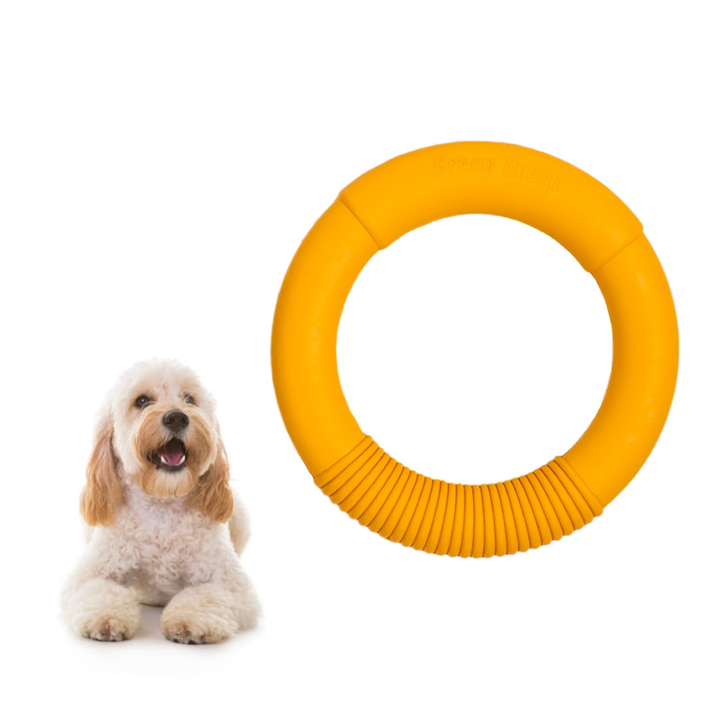 Green Sheep Natural Rubber Ring Dog Chew Toy, Durable Chew Toys for Small to Large Dogs, Tough Dog Toys for Teething, Medium Size, Yellow