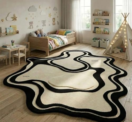 Image of Hand Tufted Wool Rug 6x8 Ft - Modern Irregular Shape Aesthetic Carpet, 1 Inch Thick Pile, Anti-Skid Backing, Soft Handmade Woolen Area Rug for Living Room, Bedroom, Hall Decor