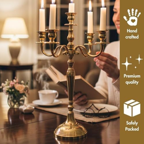 Image of Decorative Aluminum Gold Plated Five Arm Candle Holder Stand | Candelabra | Candlesticks Holder for Home & Hall Decore (14 inch * 14 inch * 24 inch)(Size:Large)