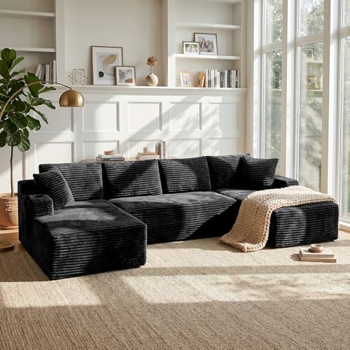 Image of Boneless Couch, 127 inch Sofas for Living Room, U Shaped Couch with Chaise | Sectional Sofa, Cloud Couch Sectional with Cup Holders and Storage, Cloud Sofa with Deep Seat, Black, Corduroy, No Assembly