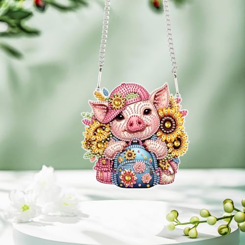 Image of AiYuanzsh 5D DIY Acrylic Special Shaped Diamond Painting Pendant Kit - Sunflower & Pig Design, Hanging Window Ornament for Home Decoration & Gifts