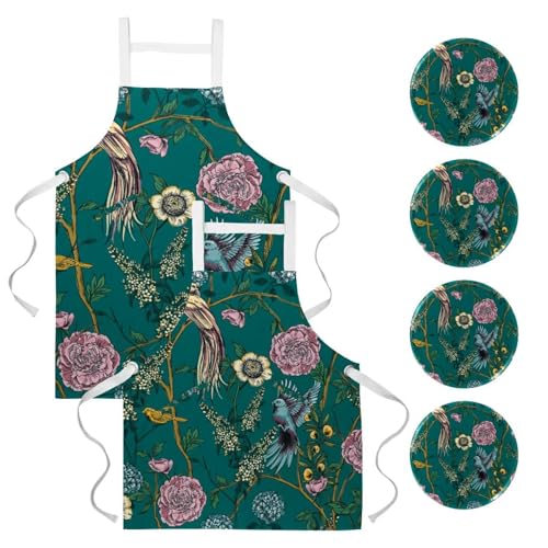 Lot de 2 tabliers de cuisine avec 4 broches motif rétro oiseaux et fleurs de printemps