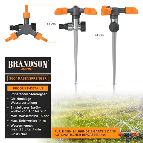 Flächenregner Brandson 3-fach Rasensprinkler mit Erdspieß und 360-Grad-Drehung