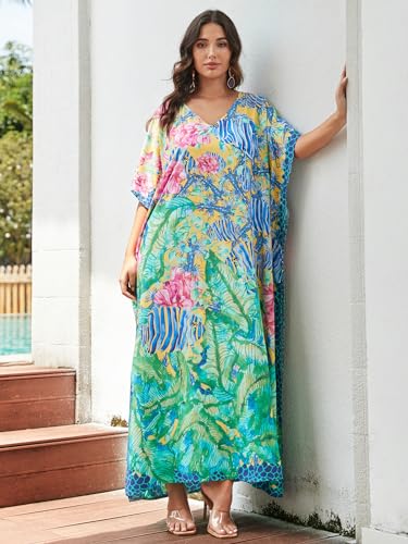 Image of IMAGEKOPE Women's Plus Size Loose Fit Moroccan Print V-Neck Batwing Kaftan Beach Dress Bathing Suit Cover Up