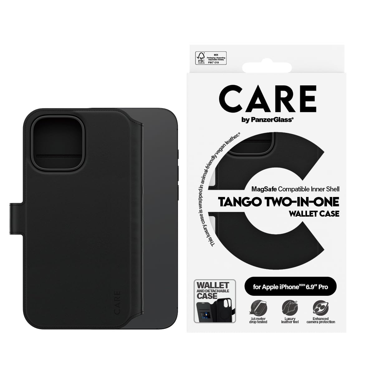 CARE BY PANZERGLASS® Wallet Case for Apple iPhone 16 Pro Max Luxurious leather-like feel, RFID Blocking
