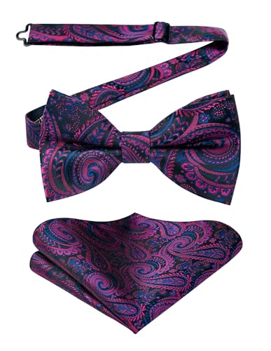 Image of HISDERN Bow Ties for Men Paisley Floral Pre-tied Bowtie Pocket Square Set Men's Formal Bow Ties Wedding Party