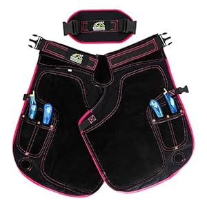 Women’s Farrier Apron 23″ – Black with Pink, Cowhide Suede Leather & Canvas, 4 Hoof Knife Pockets, 2 Magnets, Adjustable 28-52″ Waist, Back Support – Farrier Chaps for Shoeing & Trimming.