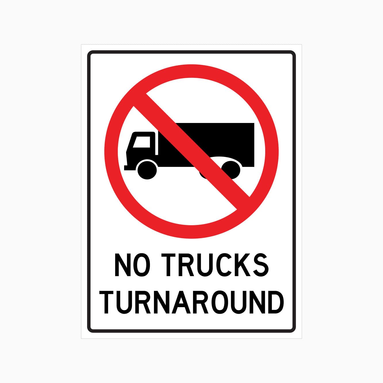 NO TRUCKS TURNAROUND Sign, 12x8 Metal Tin Sign, traffic restriction for narrow factory roads and internal vehicle lanes.