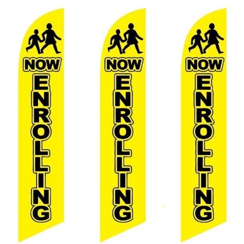 Three (3) Pack Full Sleeve Swooper Flags NOW ENROLLING Yellow Black w Children