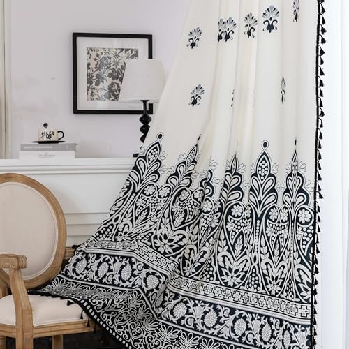 Image of Black Damask Curtains 96 Inches Long, Boho Farmhouse Light Filtering Rod Pocket Drapes with Tassel Trim for Bedroom Living Room, 2 Panels