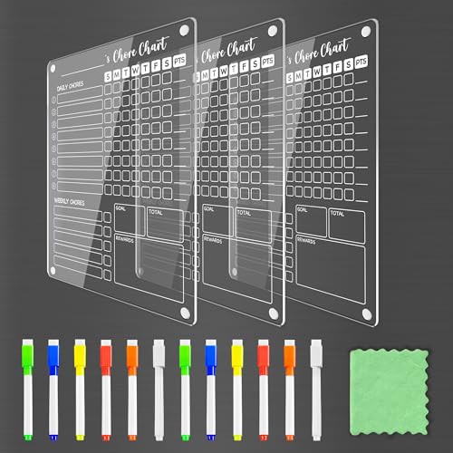 Image of PigPotParty 3 Pack Acrylic Magnetic Kids Chore Chart for Multiple Kids & Family on Fridge - 9.5 inchx12 inch Weekly Dry Erase Chore Board with 12 Fine Point Colorful Markers & 1 Towel