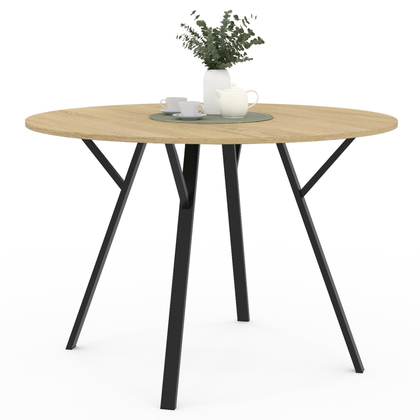 IDMarket YSEULT - Mesa de comedor redonda para 4-6 personas, madera y negro, diseño industrial 110 cm