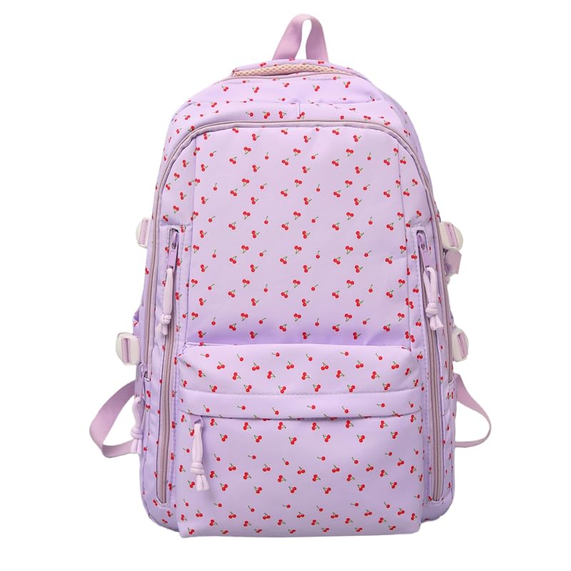 Coquette Cherry Backpack - Trendy Bow Tie Rucksack Floral Print Aesthetic Daypack Cute Cherry Print Daypack