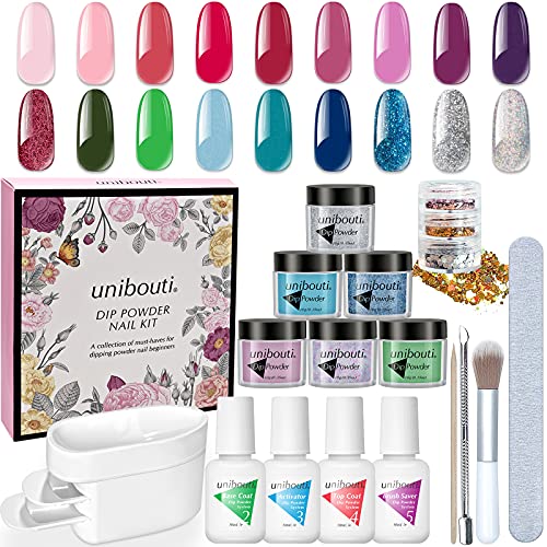 Unibouti Powder Gel Nail Polish Dipping Starter Kit with Everything, Pink Red Blue Green Glitter 18 Bright Colors Collection, Liquid Set-Base Top Coat Activator Brush Saver, Dip Powder Recycling Tray