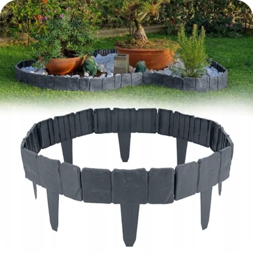 KRUMAD Rasenkante Kunststoff Steinoptik, 10 Stück Set 2,5 Meter, Höhe 23 cm, Beeteinfassung Stein, Beetumrandung Garten, Mähkante für Blumenbeet, Stecksystem, Wetterfest & UV-beständig, Anthrazit
