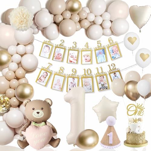 1º aniversário menina menino decoração de aniversário infantil 1 ano, decoração de primeiro aniversário com balões bege dourado, 1 aniversário menina menino com urso balão de papel alumínio, grinalda