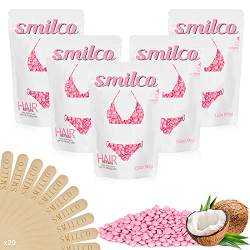 Wax Beads for Hair Removal-Smilco 1.1lb Hard Wax Beads for Sensitive Skin Painless Coarse Waxing Beads for Bikini Brazilian Underarms Back and Chest (5 Pack)