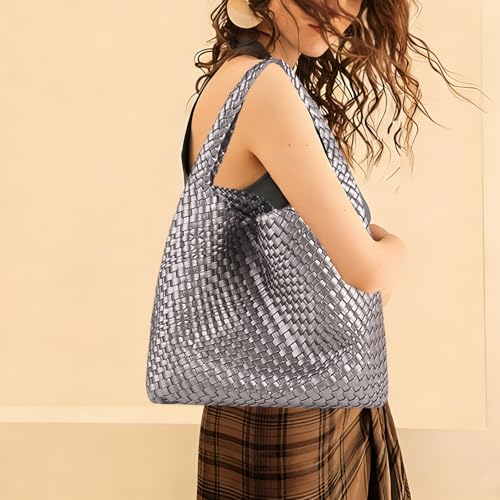 Image of Woven Tote Bag For Women, Large Vegan Leather Travel Handbag, Casual Work Shoulder Bag, Underarm Commuter Hobo Bag With Purse