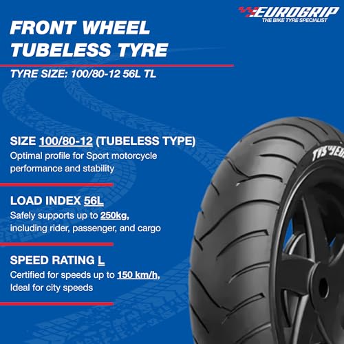 Image of Eurogrip Tyres | 100 /80-12 56L ATT 455F REMORA Tubeless | Tyre for Front | Manufacturing Year: 2025