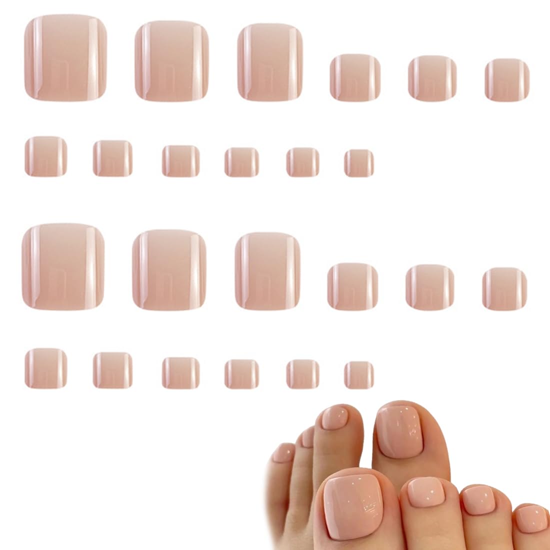 VIUWIZE Paquete de 24 uñas de los pies postizas cuadradas con pegamento de gelatina, uñas de los pies de cobertura completa para mujeres y niñas, arte de uñas DIY