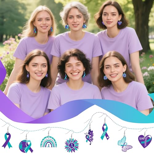 8 Pairs Suicide Prevention Awareness Earrings, Teal Purple Ribbon Acrylic Earrings Double Side Design Lightweight Dangle Earrings for Women4
