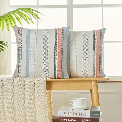 Volcanics Orange Blue Boho Throw Pillow Covers 18x18 Set of 2, Chenille Farmhouse Decorative Cushion Covers, Neutral Striped Accent Pillowcases for Couch Sofa Bed
