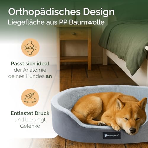 Pfotenglanz Orthopädisches Hundebett Hundekorb mittelgroße Hunde Hundekissen waschbar mit Kaltschaum Matratze in grau. 85x65 cm Hundesofa rutschfest Körbchen Hund Tier Kuschelbett flauschig rund (S)