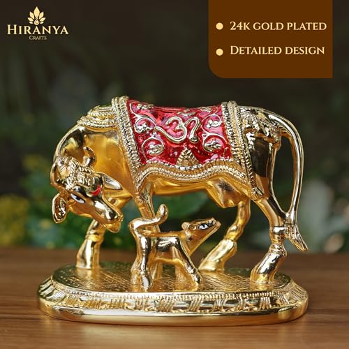 Image of Kamdhenu Cow with Calf | Vastu Idol is a Divine Cow & Calf Statue | Perfect for Pooja Rooms | Kamadhenu Cow & Calf (Gold Mina, 4.5 Inch)