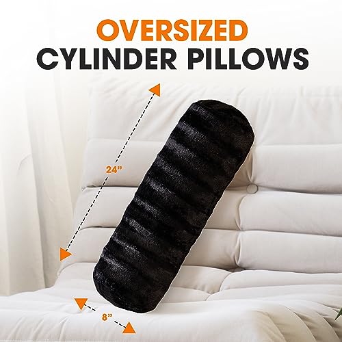 Cheer Collection Faux Fur Cylinder Pillows - Decorative Bolster Pillows for Couch & Bed - Machine Washable - 8” x 24” Inch (Set of 2) - Black - Thumbnail 3