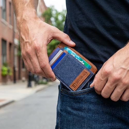 Image of ID Stronghold RFID Blocking Front Pocket Wallet - Slim Minimalist Genuine Leather Wallet with Zipper Coin Pocket (Denim)