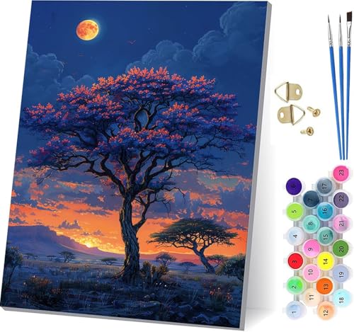 木 数字油絵 DIY Paint by Numbers for Adults 日没 手作りキット子供初心者 塗り絵 数字 キット ブラシとアクリル絵の具が入 ペイントバイナンバー 大人のクラフトアクティビテ ホーム オフィス装飾 女性へのギフト 100x1