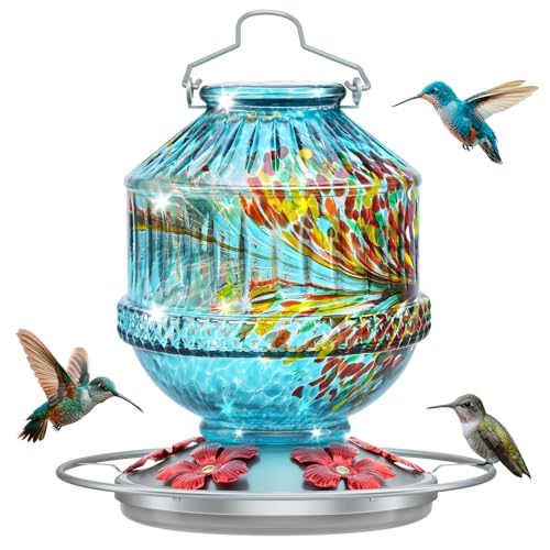 Hand Blown Glass Hummingbird Feeders for Outdoors, 25 Ounces Wild Bird Nectar Feeder with Perch & 5 Flower Feeding Ports Leak Proof Hanging for Garden Backyard Decor, Gifts for Women Mom, Blue Hand Blown Glass Hummingbird Feeders for Outdoors, 25 Ounces Wild Bird Nectar Feeder with Perch & 5 Flower Feeding Ports Leak Proof Hanging for Garden Backyard Decor, Gifts for Women Mom, Blue