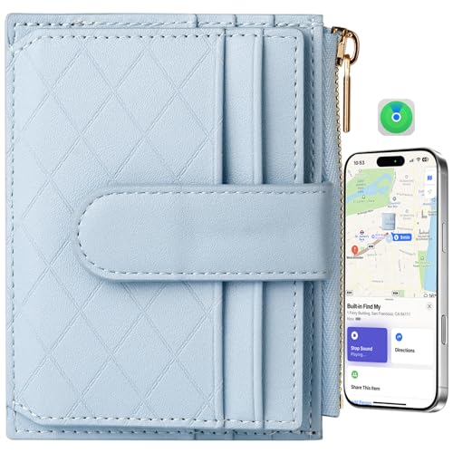 Women's Wallet Built-in Anti-Loss Tracker, RFID Blocking Small Compact Card Holder Wallet for Women Soft PU Leather Bifold Pocket Wallet Ladies Mini Purse with Zipper Pocket, ID Window (Light Blue)