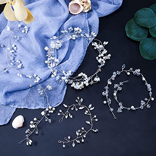 4 Pieces Bridal Hair Vine Bridal Wedding Hair Accessories Rhinestone Extra Long Pearl and Crystal Bridal Headband for Women and Girls, Bridesmaid and Flowergirls (Silver)