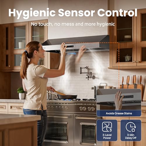 Image of VIKIO HOME Range Hood 36 inch,1.5 Sones Quiet for Stove Vent Hood,Black Stainless Steel (PVD) Kitchen Exhaust Hood with 1200 CFM, Hood Vent with 3 Speed Gesture Sensing&Touch Control Panel