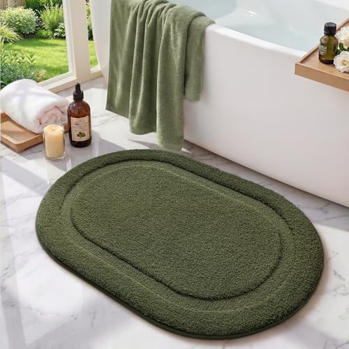 Image of Color&Geometry Oval Green Bathroom Rugs 32x20, Extra Soft Absorbent Microfiber Bath Rugs, Non-Slip Bathroom mat, Washable Plush Bath Mats for Bathroom, Shower, Bathtub, Laundry, Green