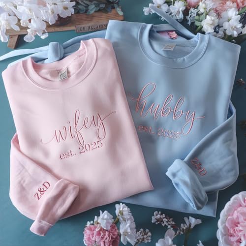 Custom Wifey & Hubby Embroidered Sweatshirt, Newlywed Honeymoon Outfit, Personalized Matching Couple Hoodie, Date On Sleeve, Engagement Clothings, Matching Wedding Party Gift, Bride Groom Gift, White3