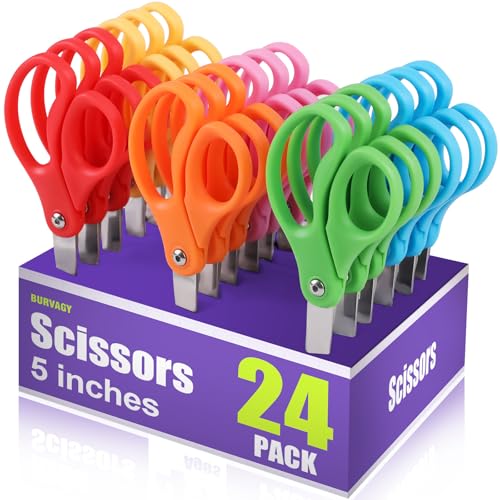 BURVAGY 24 Packs 5 Small School Student Blunt Tip Craft Kids Scissors Stainless Steel Blades Comfort Grip 5 Inch Safety Scissors Bulk for Children Toodler Cutting Paper