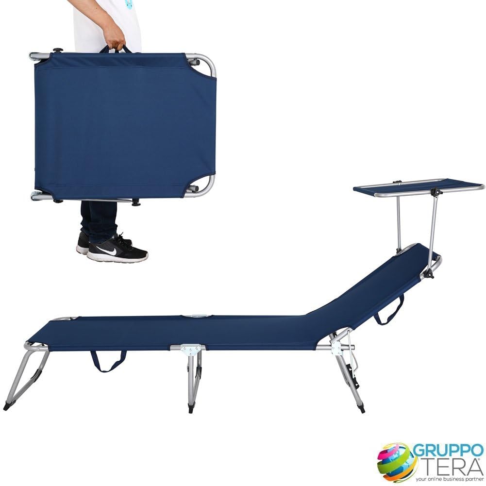 BAKAJI Lettino Prendisole con Tettuccio Parasole Sdraio Pieghevole Salvaspazio, Schienale Regolabile, Struttura in Metallo e Tessuto in Poliestere per Mare Spiaggia Piscina (Blu)